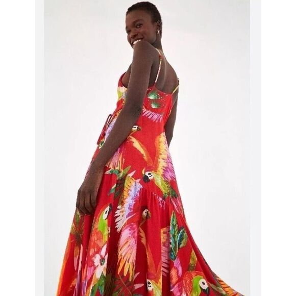 Farm Rio Red Tropical Parrot Wrap Dress XS Asymmetrical Midi Vacation Ready - Picture 4 of 13